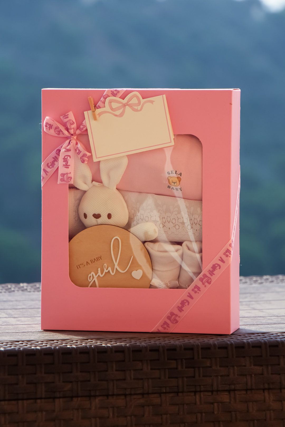 The Newborn Baby Girl hamper: a pink gift box tied with an It's a Girl ribbon, showing the bunny, the It's a Baby Girl sign and white socks through the window